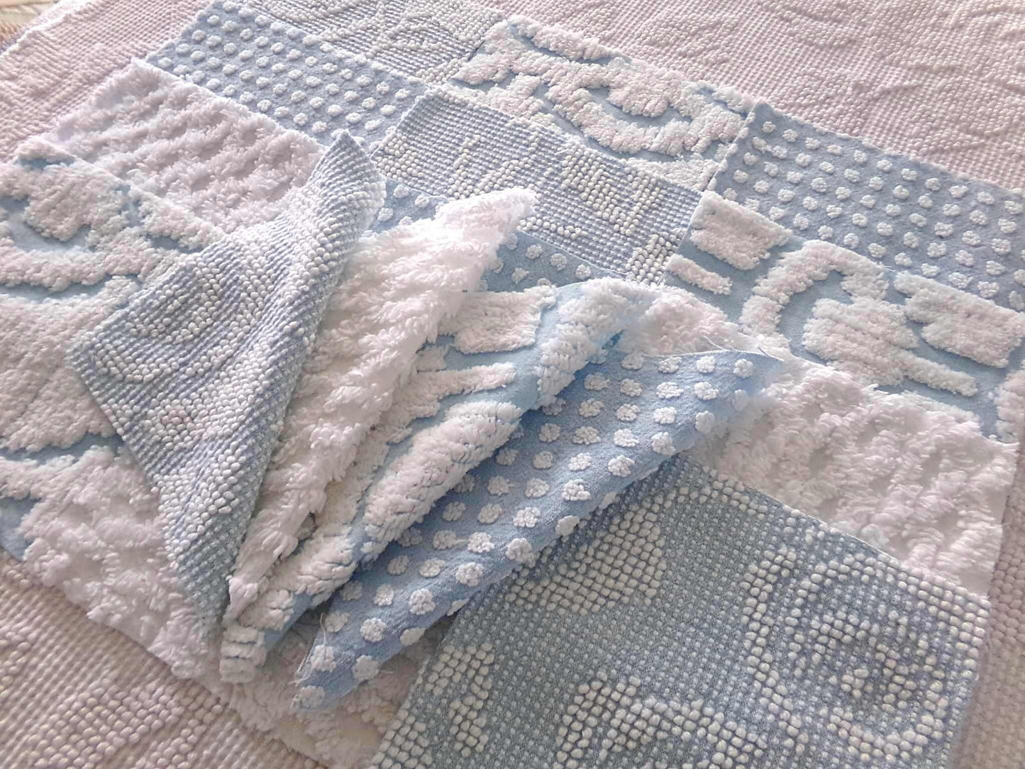 coastal chill chenille fabric squares, cool blue & white dot, diamond geometric patterns, set of 16 vintage quilt blocks 6" each for sewing