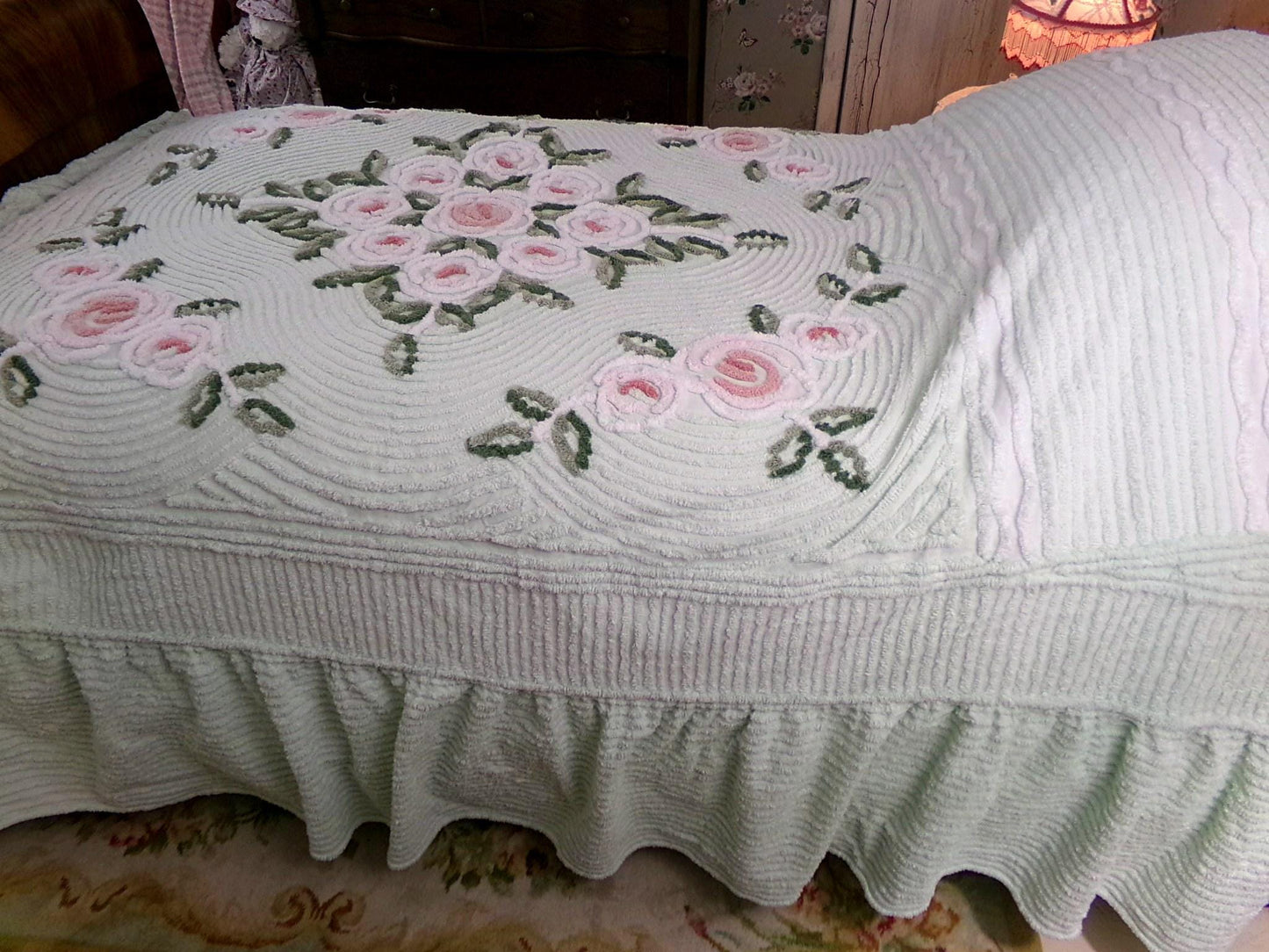 Luxury Vintage Chenille Bedspread, Tufted Cottage Roses on Mint Green, Full Size Boxed & Fitted Design with Integrated Skirt