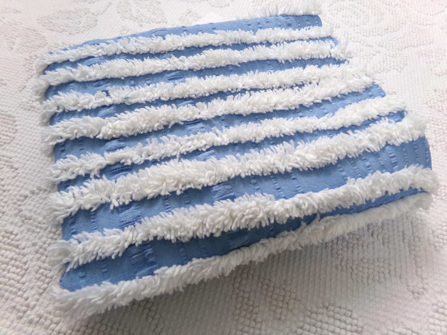 Trendy Coastal Blue & White Striped Vintage Chenille Fabric, Craft Quilt Material, 16" x 27" Piece