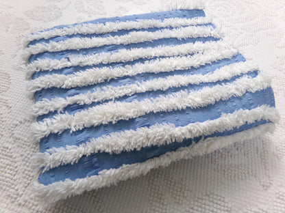 Trendy Coastal Blue & White Striped Vintage Chenille Fabric, Craft Quilt Material, 16" x 27" Piece