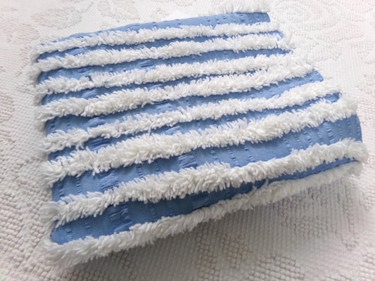 Trendy Coastal Blue & White Striped Vintage Chenille Fabric, Craft Quilt Material, 16" x 27" Piece