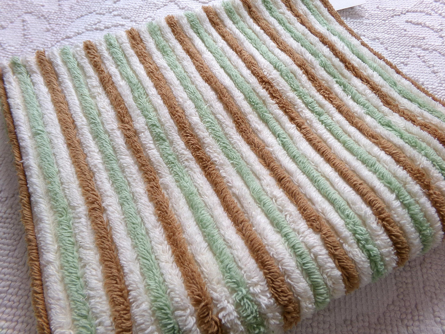 vintage striped chenille fabric in cocoa puff & mint green velvety soft stripes, 18" x 24" cut piece