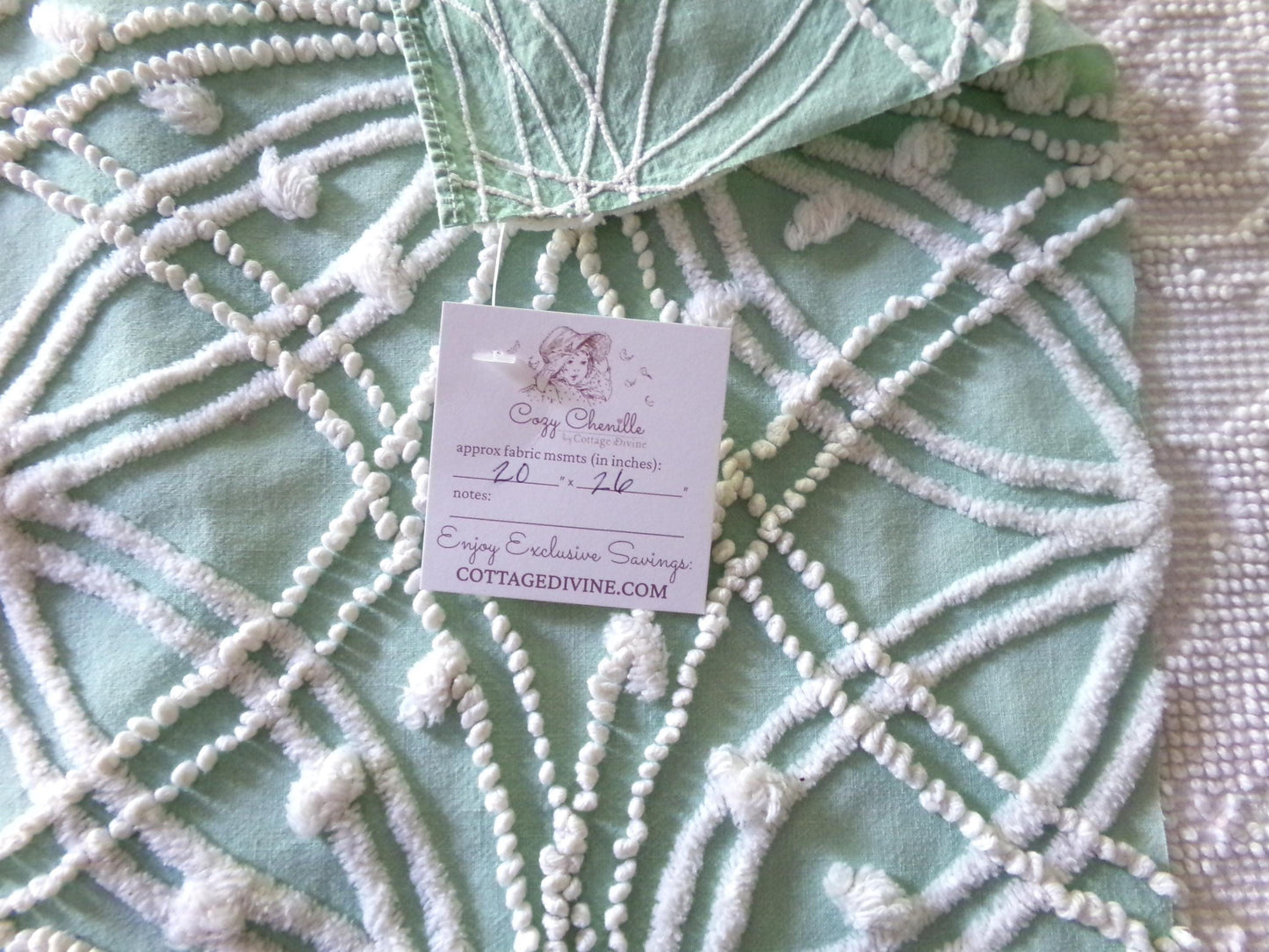 starry spiderweb jade green vintage chenille fabric, unique webbed design, 20" x 26" inch piece for quilting material & sewing