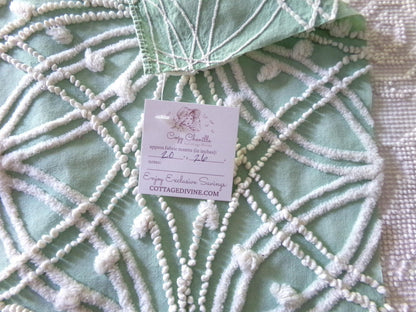starry spiderweb jade green vintage chenille fabric, unique webbed design, 20" x 26" inch piece for quilting material & sewing