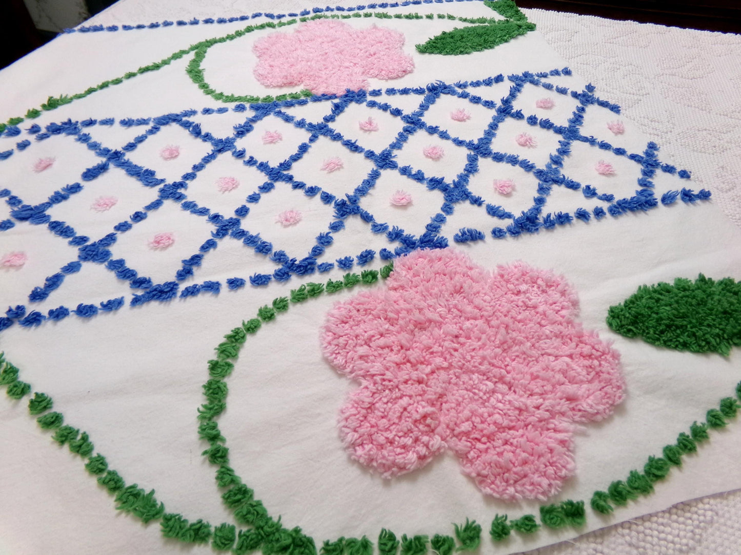 Vintage Chenille Bedspread Fabric White Pink Floral Blue Lattice Trellis Cottage 24x23"
