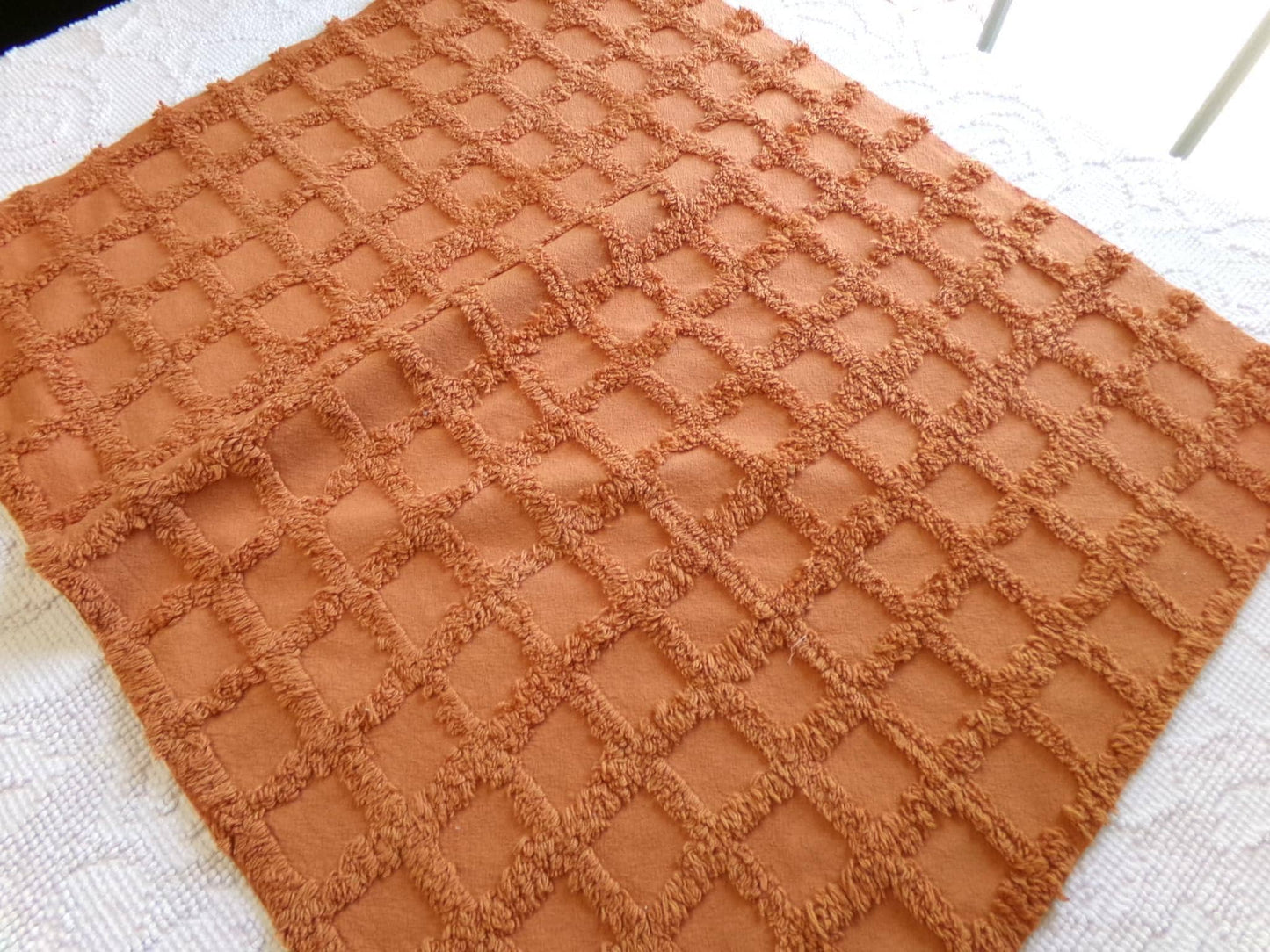 nutmeg pumpkin spice chenille fabric, 21" x 14" boho vintage style sewing material for quilts, crafts in simple windowpane tufted design