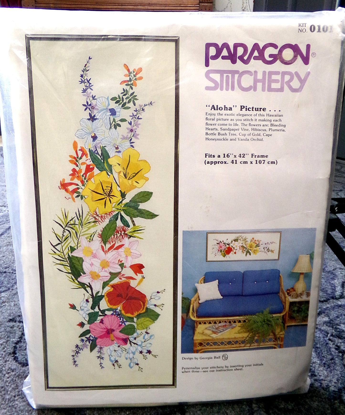 Hawaii ALOHA Crewel Embroidery Kit Vintage Paragon Stitchery 0101 Large Tropical Floral Wall Hanging