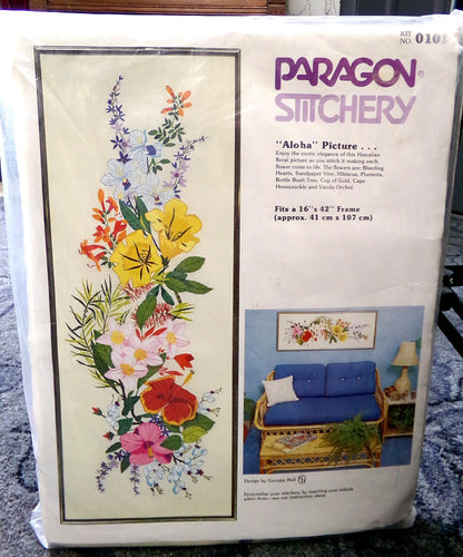 Hawaii ALOHA Crewel Embroidery Kit Vintage Paragon Stitchery 0101 Large Tropical Floral Wall Hanging