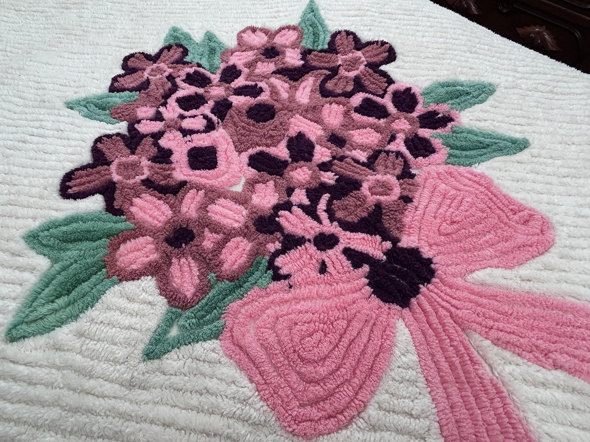 Heirloom Vintage Chenille Bedspread, Plush Full Floral Bouquet & Bow Swag Design