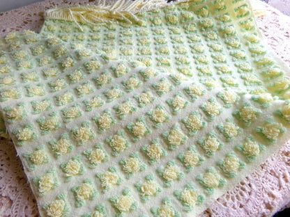 plump yellow rosebud vintage chenille fabric, cottage chic sewing & quilt material, 18" x 25"