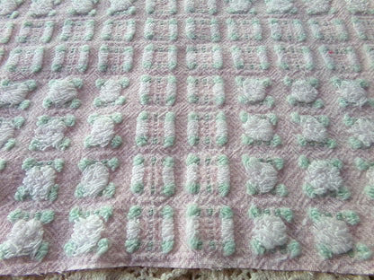 phantom white rosebud chenille fabric, 18" x 24" inch piece of dusty pink vintage Morgan Jones rosebuds quilt material for sewing & crafts