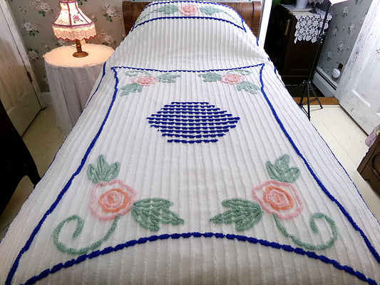 cottage rose twin size chenille bedspread, lovely simple summer coverlet in a pink floral design, white cotton vintage style bedding