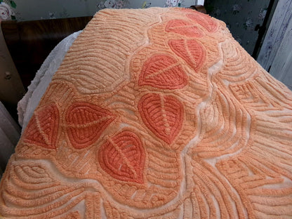 Boho Falling Leaves Vintage Chenille Bedspread, Apricot Peach Twin Size