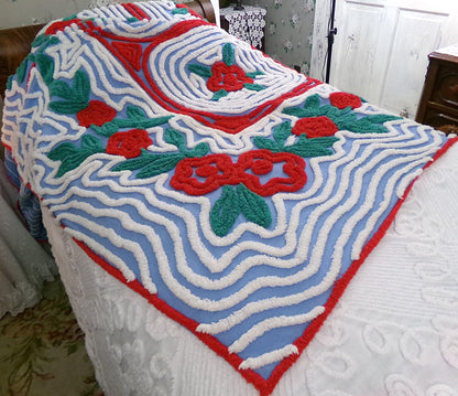 midnight in a garden of roses vintage chenille bedspread, red flowers on starry blue with white swirl tufting, full size bedding