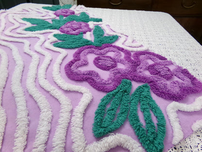 Violet Roses Vintage Chenille Bedspread Fabric 16x32" Sweeping White Waves