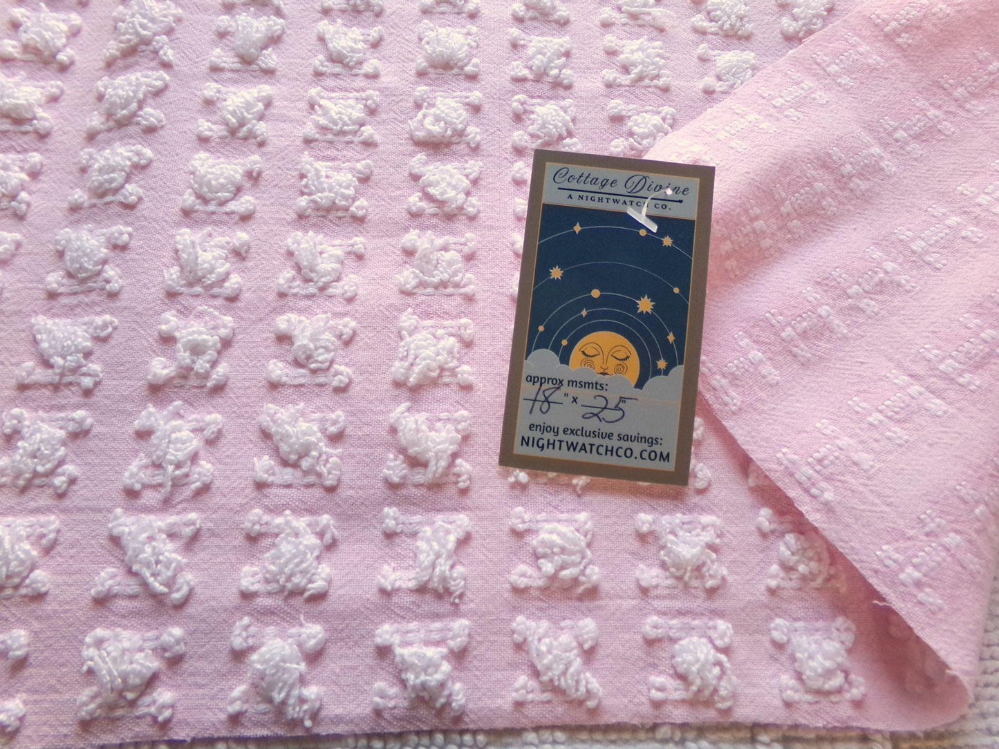Carnation Pink White Rosebud Vintage Chenille Fabric, Soft Ombre Variations 18" x 25"