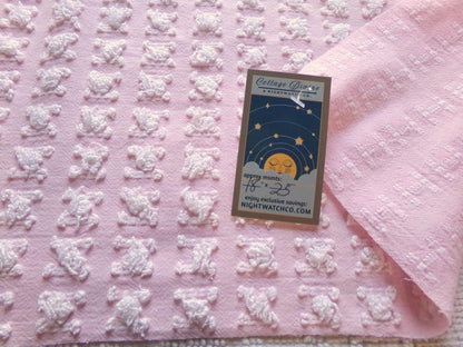 Carnation Pink White Rosebud Vintage Chenille Fabric, Soft Ombre Variations 18" x 25"