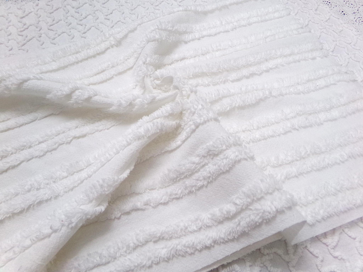 White Striped Vintage Chenille Bedspread Fabric 18x24" Pc Dual Stripes Quilting Material