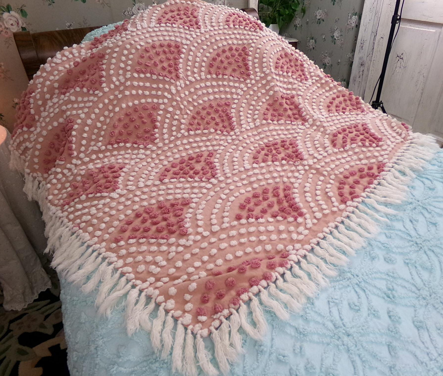 pink mermaid tails vintage chenille bedspread, antique twin size coverlet summer bedding