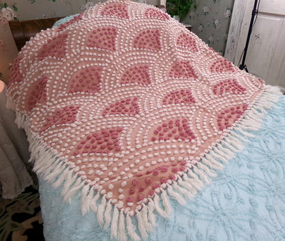 pink mermaid tails vintage chenille bedspread, antique twin size coverlet summer bedding