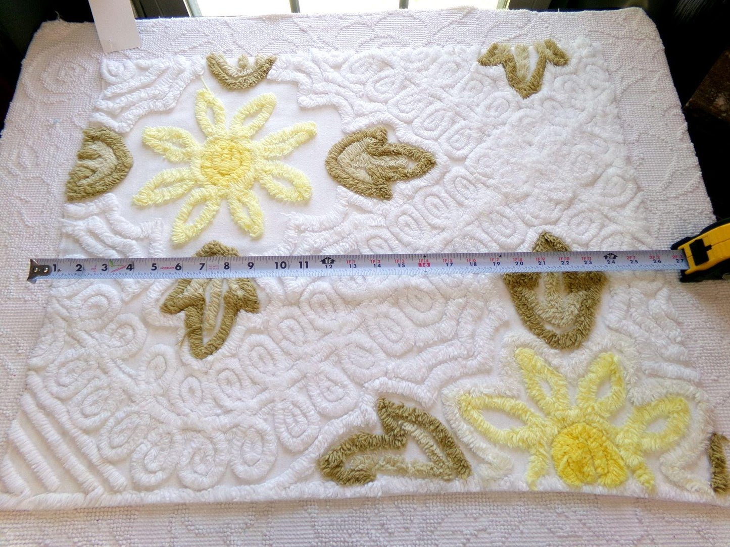 shabby sunflower vintage chenille fabric, 25" x 20" cut piece of quilt material for crafts, sewing