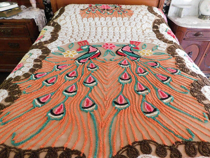 Boho Vintage Peacock Chenille Bedspread, "Opposites Attract" Lovebirds, FULL Sz