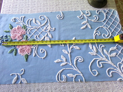 divine pink rose vintage chenille fabric, 17.5" x 32" inch piece, White Trellis & Scrollwork on Sky Blue Cotton, for Quilts, Pillows