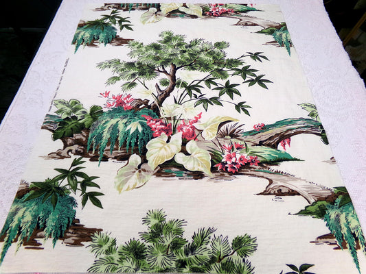 Polynesian Paradise Vintage Barkcloth Fabric Panel Shabby Tropical Garden Fantasy 23" x 28"