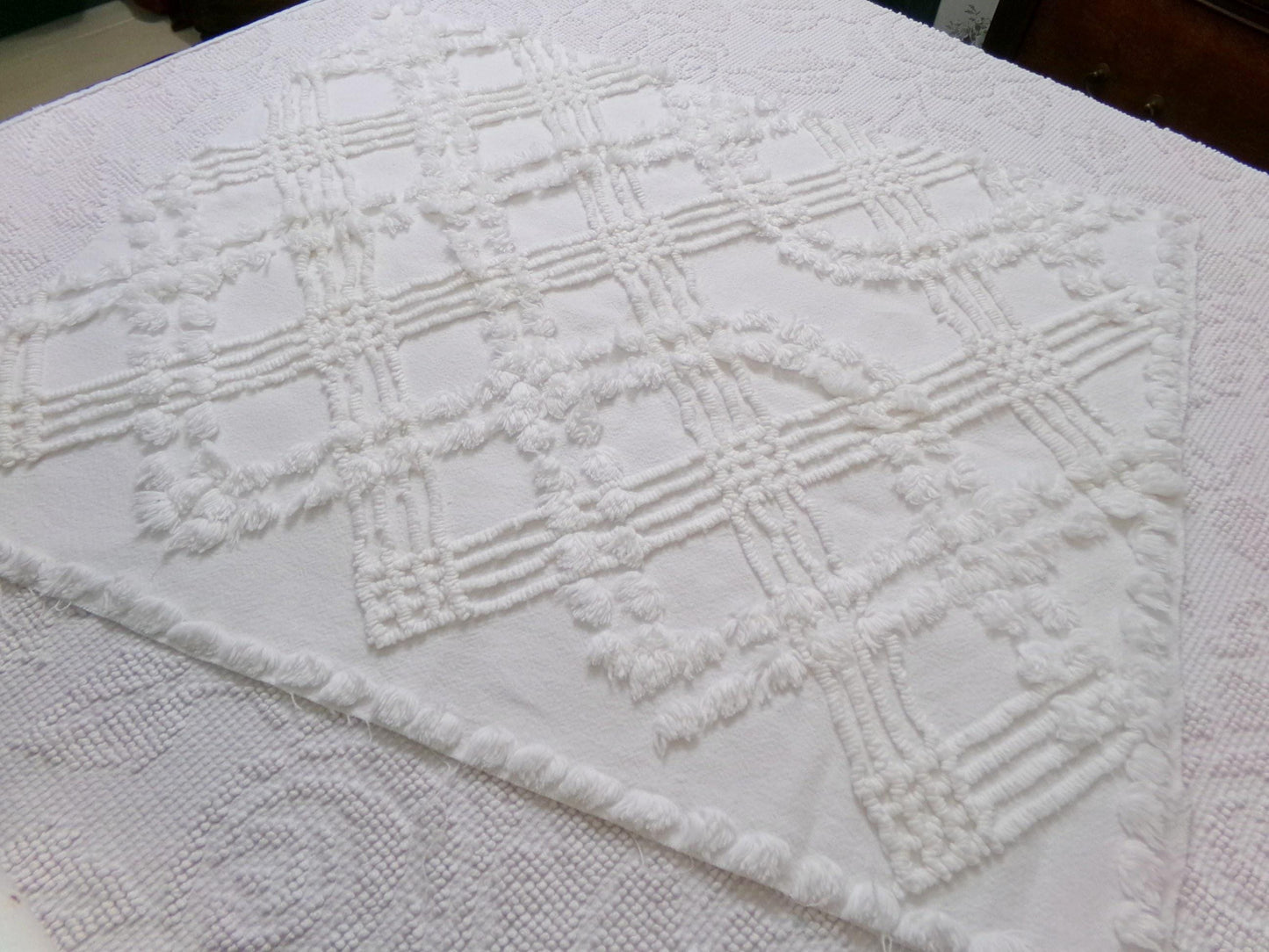 Wintry White Vintage Chenille Fabric Piece, Needletuft Sewing & Quilt Material, 18" x 22"