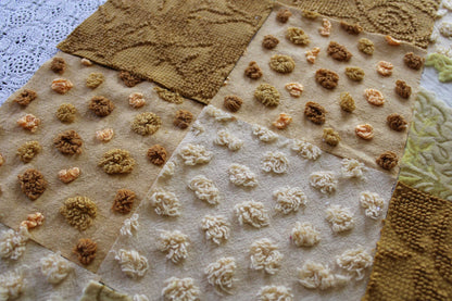 Chenille & Velvet Quilt Squares Set, "Hippie Mama", from Vintage Bedspread Fabric, 16 Blocks, 6" x 6" inches each, Earthtones