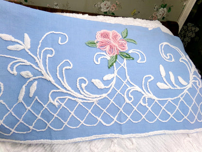 shabby cottage rose vintage chenille fabric, blue white floral sewing material, 15" x 30" piece