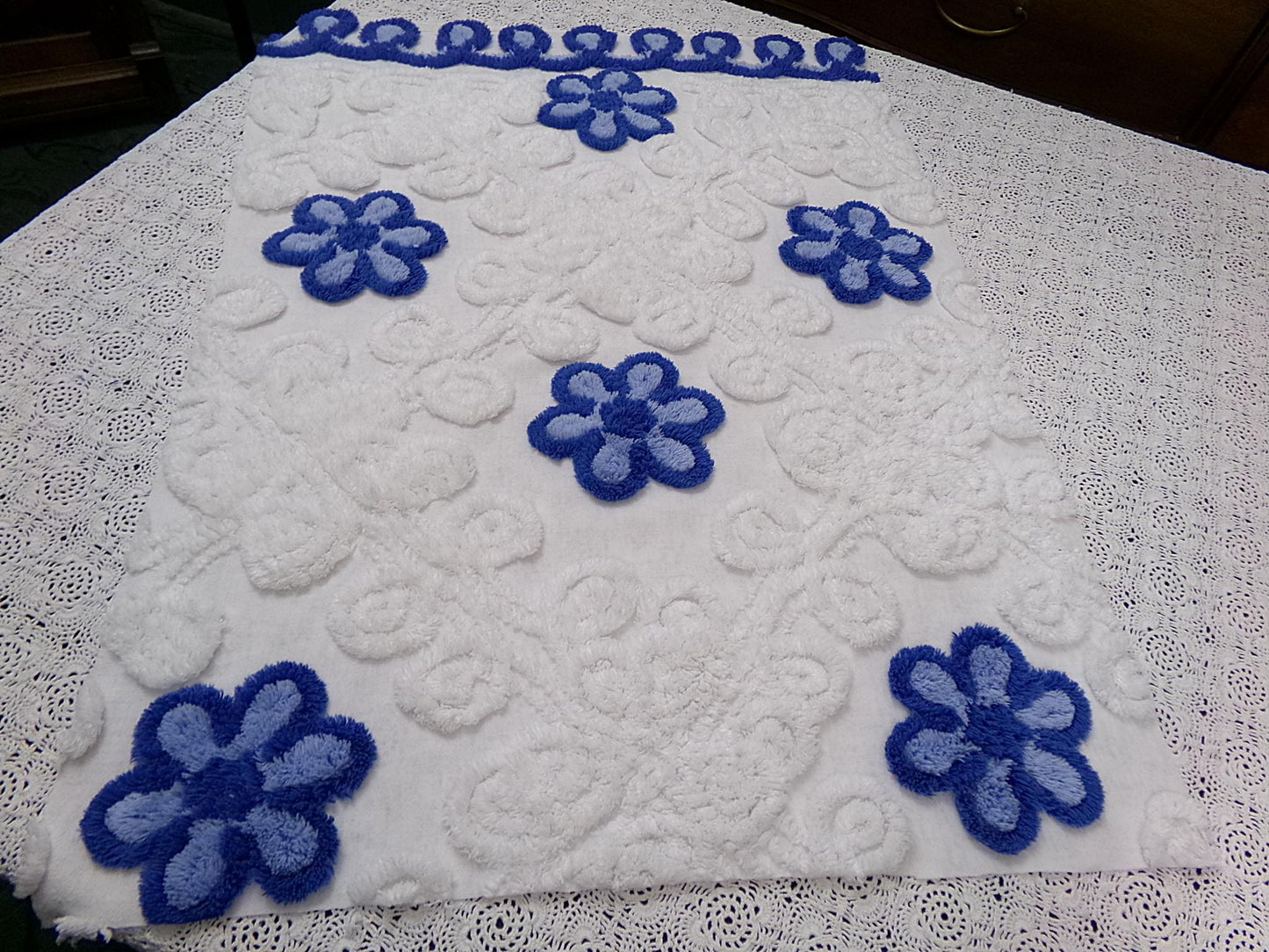 Vintage Chenille Bedspread Fabric, Plush Blue Flowers White Curlicues, 20x26" Piece