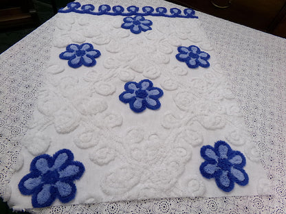 Vintage Chenille Bedspread Fabric, Plush Blue Flowers White Curlicues, 20x26" Piece