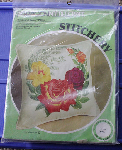 Crewel FESTIVAL OF ROSES Pillow Kit, Paragon Needlecraft Stitchery Kit #0857, Finishes 14" inch Square, Design by Georgia Ball 1978