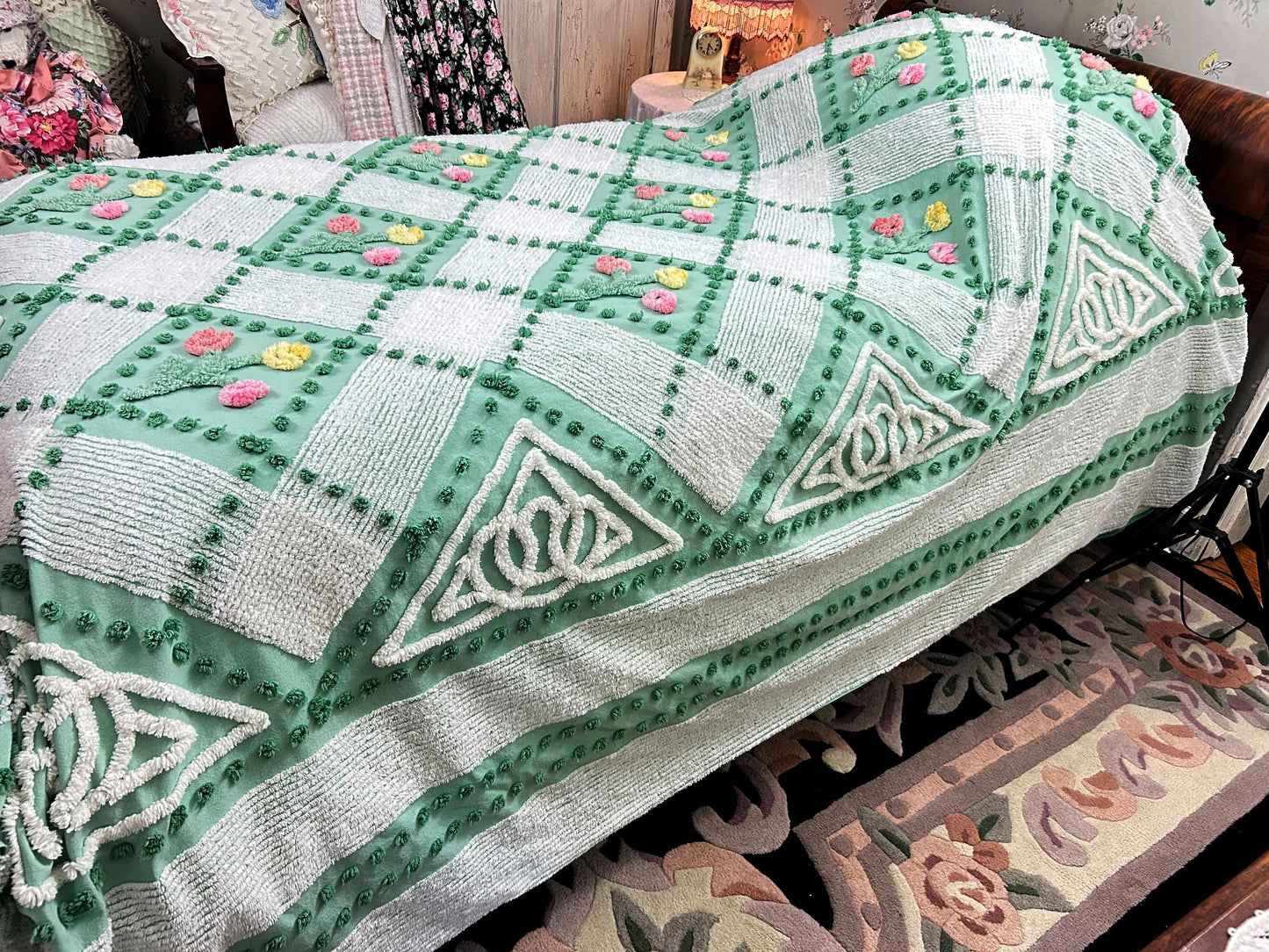 Mint Green Floral Vintage Chenille Bedspread, Cottage Garden Trellis Flowers, Full
