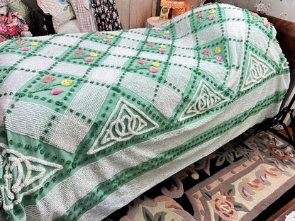 Mint Green Floral Vintage Chenille Bedspread, Cottage Garden Trellis Flowers, Full