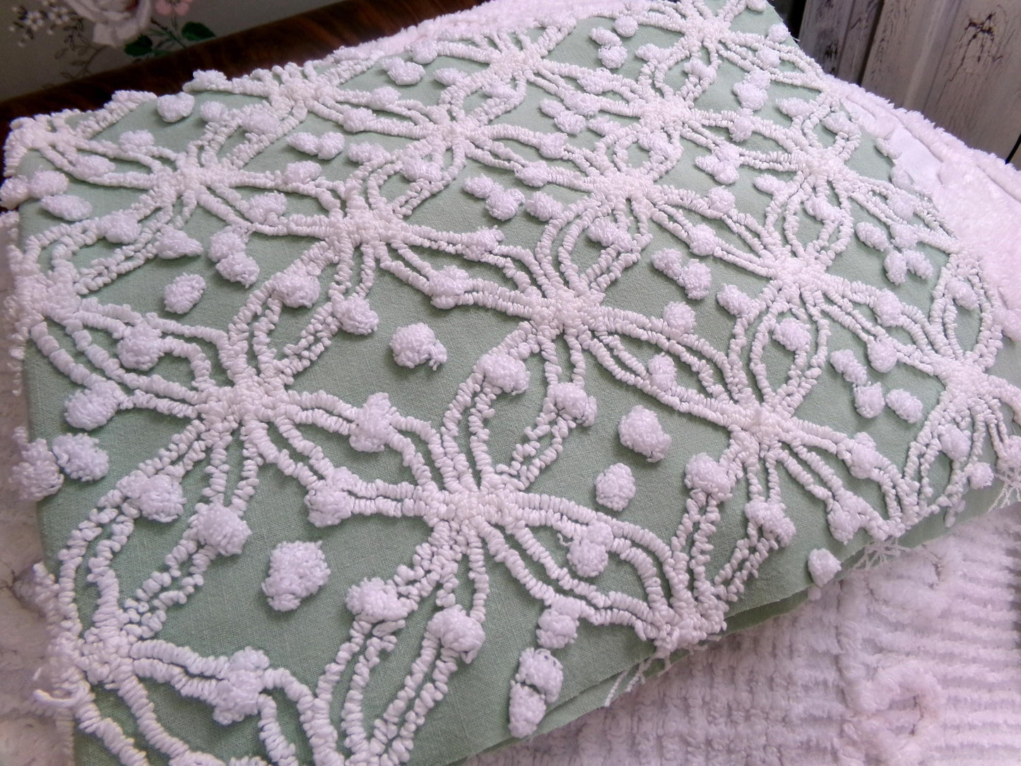 Vintage Sage Green Chenille Bedspread Fabric, Shabby Wedding Ring Pop 18x24" Quilting Material