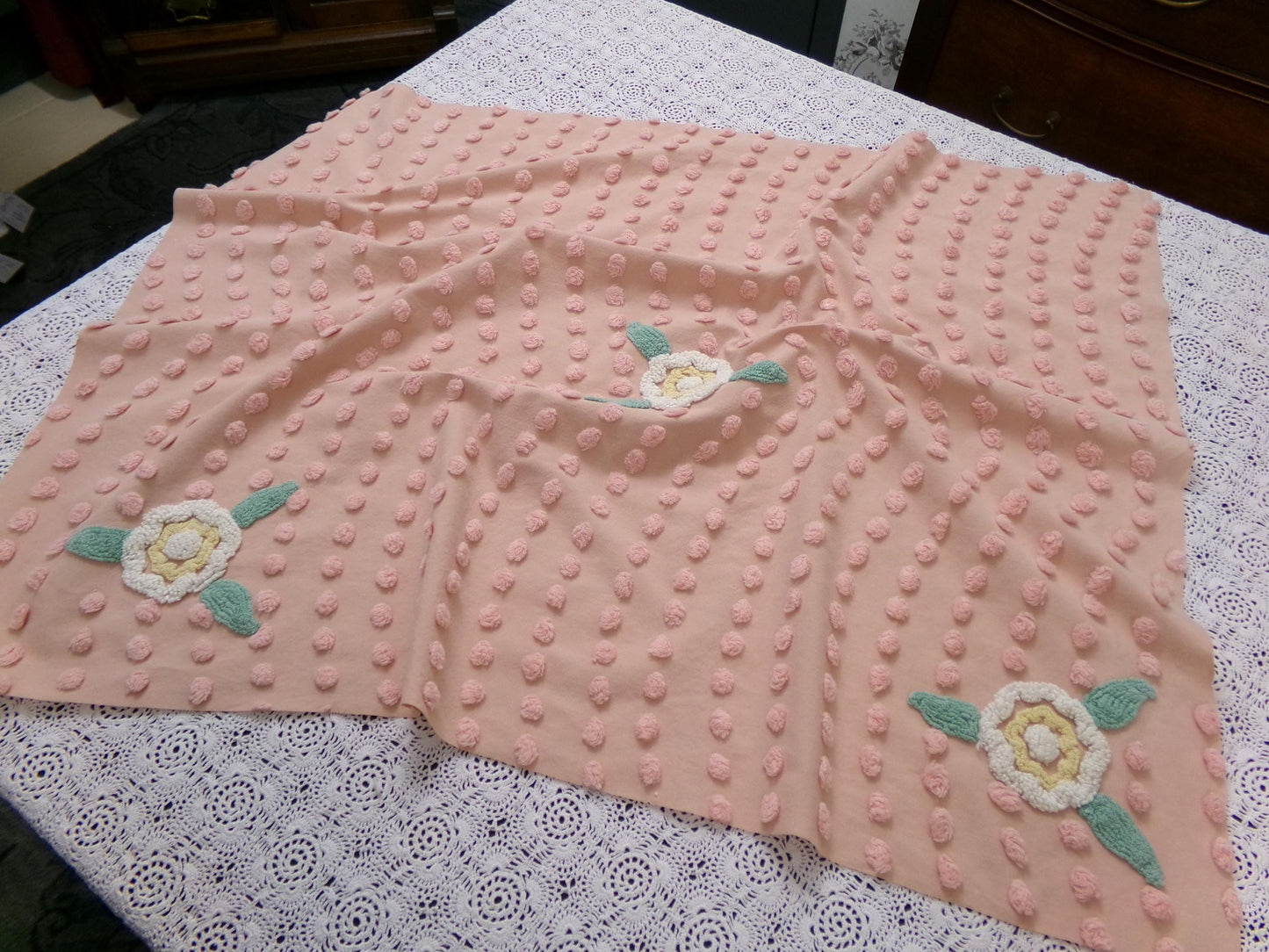 Vintage Cotton Chenille Fabric Peach Dot Floral Accents 23 x 30" Shabby Chic