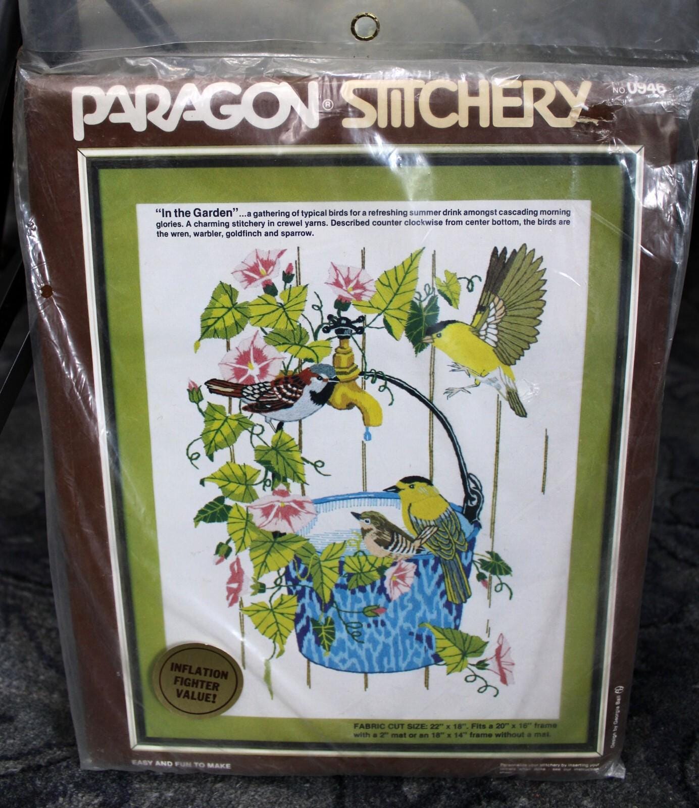 IN THE GARDEN Vintage Crewel Embroidery Kit Song Birds Floral Paragon Stitchery 0946