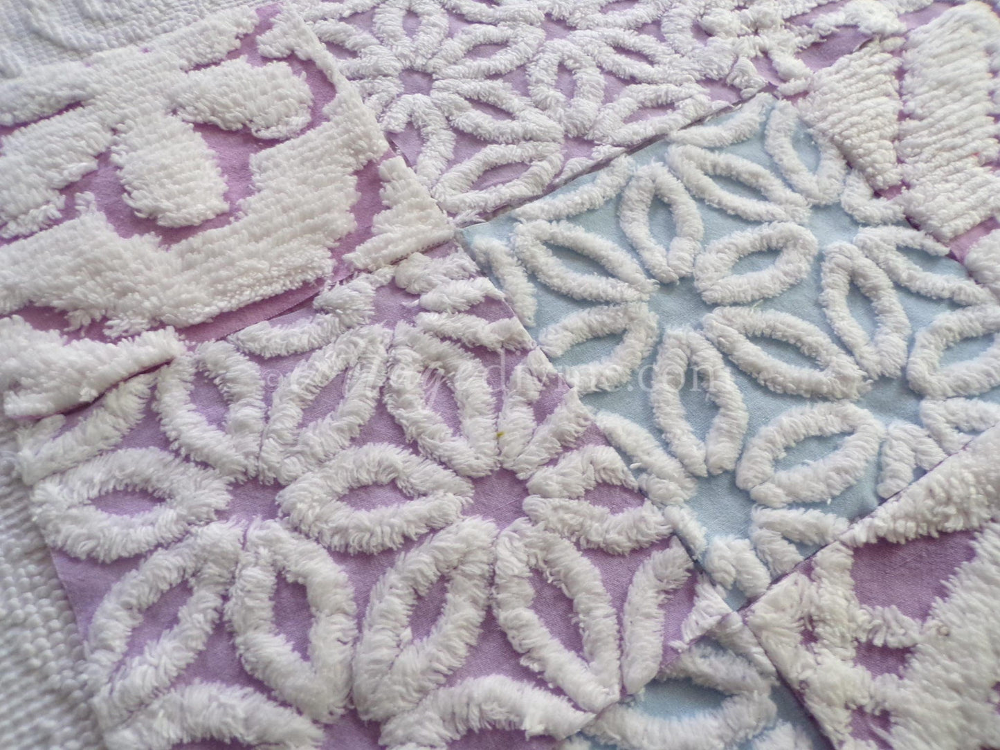 Dreamy Divine Vintage Chenille Fabric Squares Set in Lilac, Blue & White, 16 Rotary Cut Quilt Blocks, 6" x 6" inch