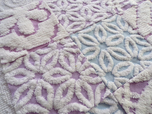 Dreamy Divine Vintage Chenille Fabric Squares Set in Lilac, Blue & White, 16 Rotary Cut Quilt Blocks, 6" x 6" inch