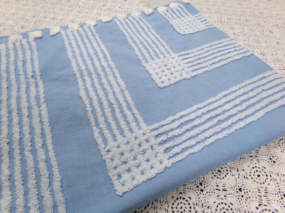 Sky Blue Vintage Chenille Fabric White Geometric Quilt Sewing Material 16.5" x 30"