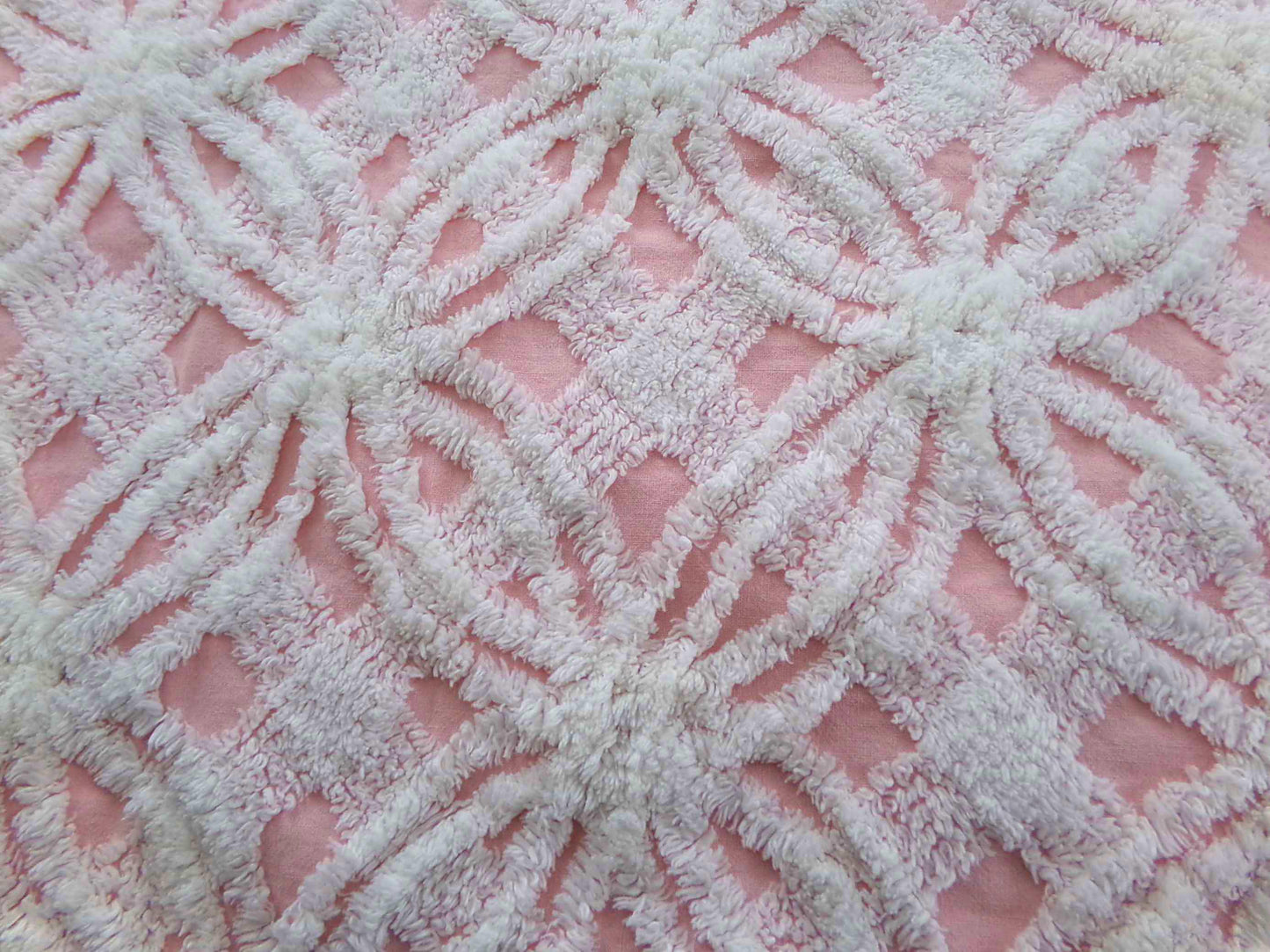 quilter's favorite chenille fabric, classic pink & white spider tufted sewing material, 20" x 24" inch piece from vintage chenille bedspread