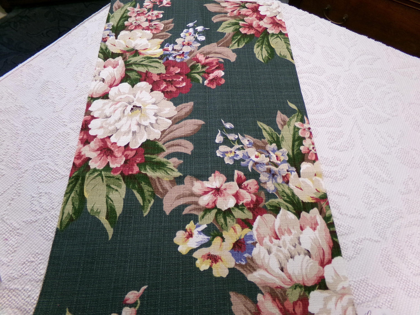 Vintage 1940s Style Repro Barkcloth Fabric Dark Green Cottage Garden Floral, 15.5" x 26"