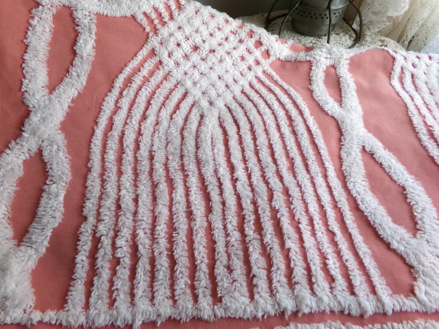 Warm Terracotta Rose Vintage Chenille Fabric, 29" x 27" Inch Piece, White Geometric Designs