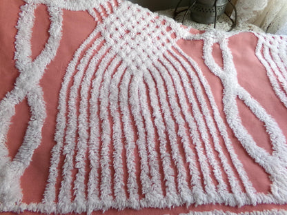 Warm Terracotta Rose Vintage Chenille Fabric, 29" x 27" Inch Piece, White Geometric Designs