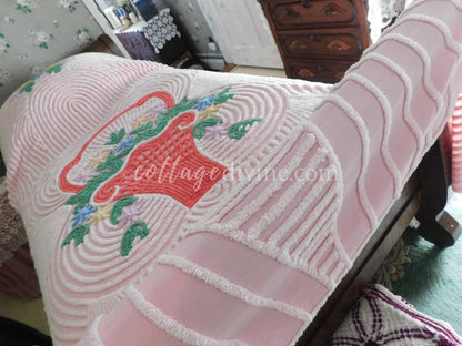 shabby girl pink vintage chenille bedspread, large flower basket & white swirls, full size summery cotton bedding