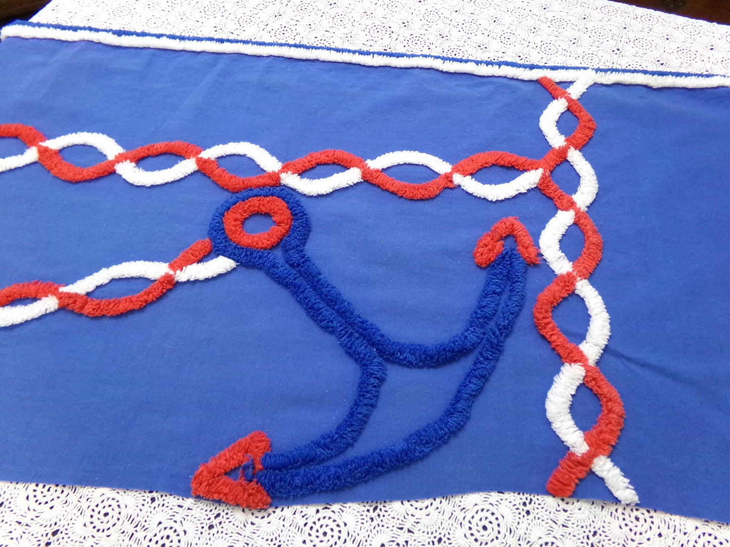 Coastal Anchor Vintage Chenille Fabric Piece 42 x 16" Red White Blue American Spirit