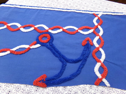 Coastal Anchor Vintage Chenille Fabric Piece 42 x 16" Red White Blue American Spirit