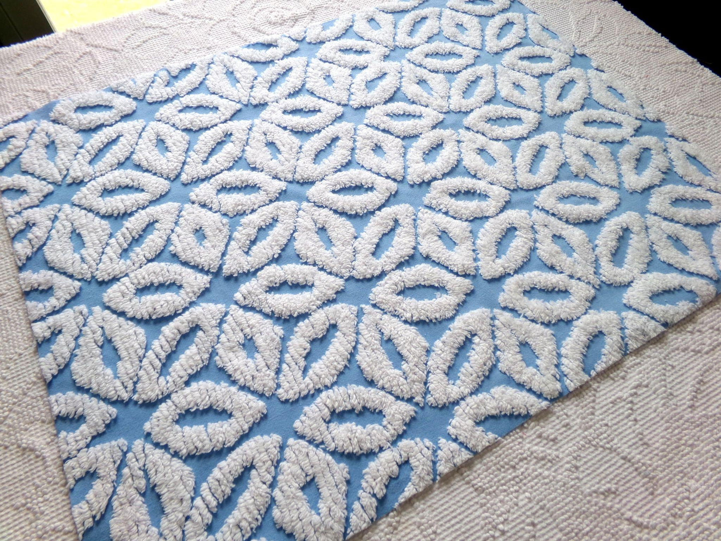 boho blue daisy vintage chenille bedspread fabric, white tufted daisies, 18" x 23"
